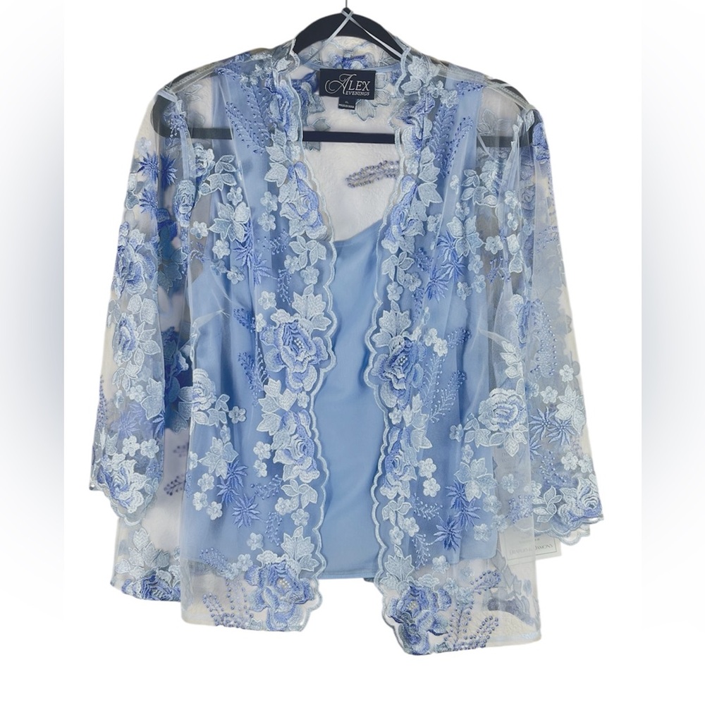 Alex Evenings blue embroidered lace twinset jacket and camisole size XL